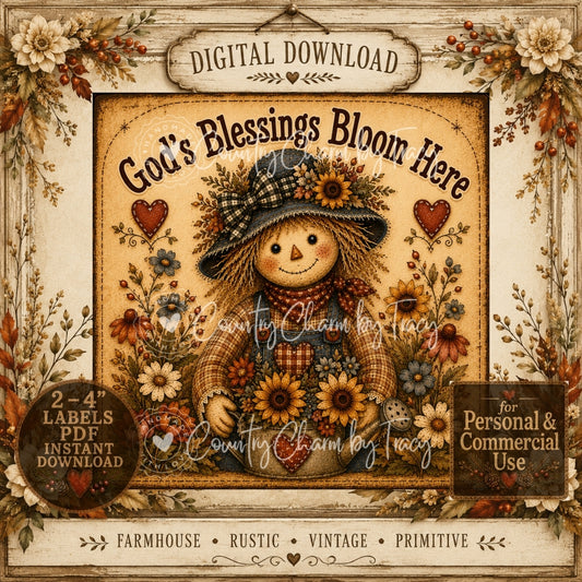God's Blessings Bloom Here - 4 Inch Fall Label | 2 Labels Included | Instant PDF Download | Farmhouse Primitive Fall Decor