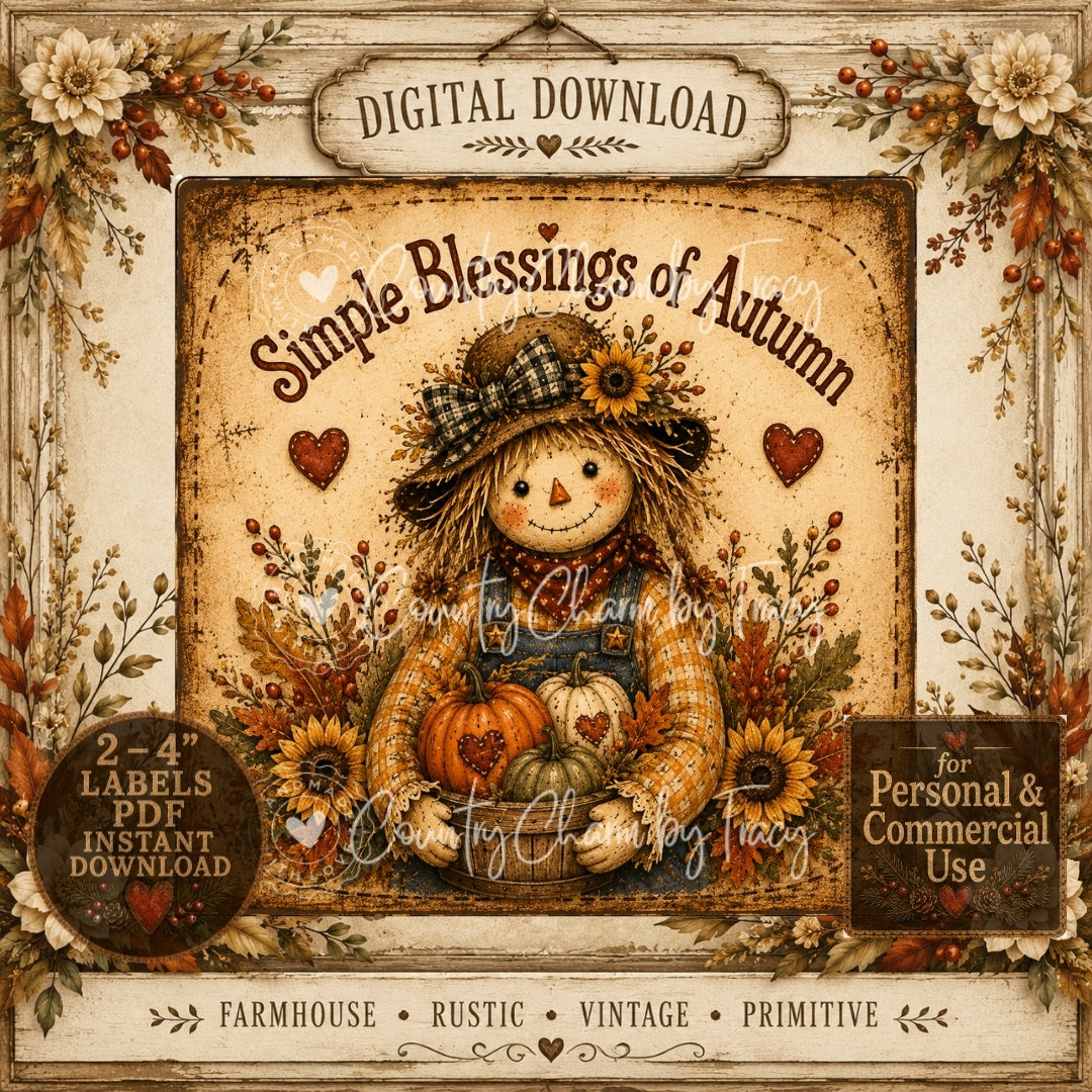 Simple Blessings of Autumn - 4 Inch Fall Label | 2 Labels Included | Instant PDF Download | Farmhouse Primitive Fall Decor
