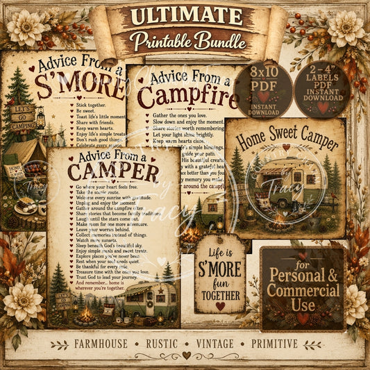 Camper Ultimate Printable Bundle | Advice from a Camper Campfire and S'more | Labels and Tags | Instant PDF Download