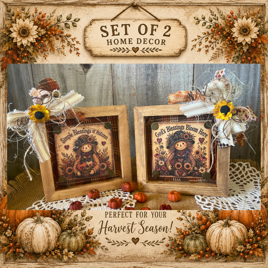 Set of 2 Fall Autumn Primitive Shadow Box Block Decor | Simple Blessings of Autumn and God's Blessings Bloom Here | Shipping Included!