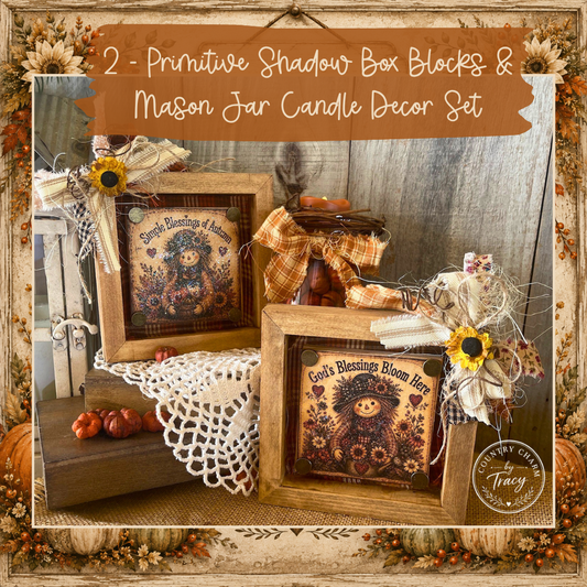 Set of 2 Fall Autumn Primitive Shadow Box Block Decor | Simple Blessings of Autumn and God's Blessings Bloom Here | Shipping Included!