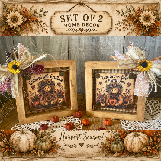 Set of 2 Fall Autumn Primitive Shadow Box Block Decor | Gathered with Gratitude and Love Grows Best at Harvest Time | Handcrafted by Tracy