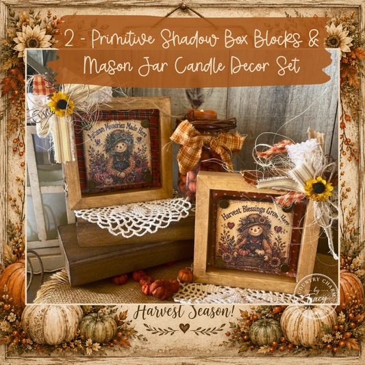 Set of 2 Fall Autumn Primitive Shadow Box Block Decor | Autumn Memories Made Here and Harvest Blessings Grow Here | Handcrafted by Tracy