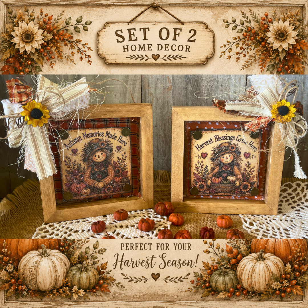 Set of 2 Fall Autumn Primitive Shadow Box Block Decor | Autumn Memories Made Here and Harvest Blessings Grow Here | Handcrafted by Tracy