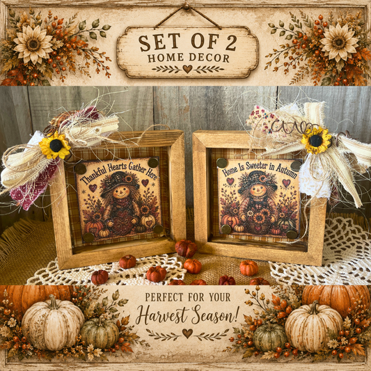 Set of 2 Fall Autumn Primitive Shadow Box Block Decor | Thankful Hearts Gather Here and Home Is Sweeter in Autumn | Handcrafted by Tracy