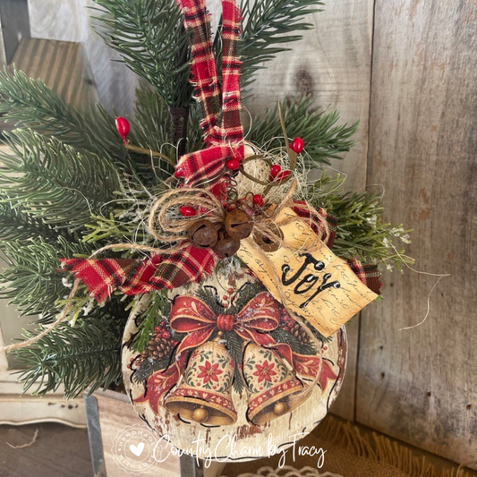 Vintage Folk Art Christmas Bells Rustic Wood Ornament – Joy Shipping Included!!