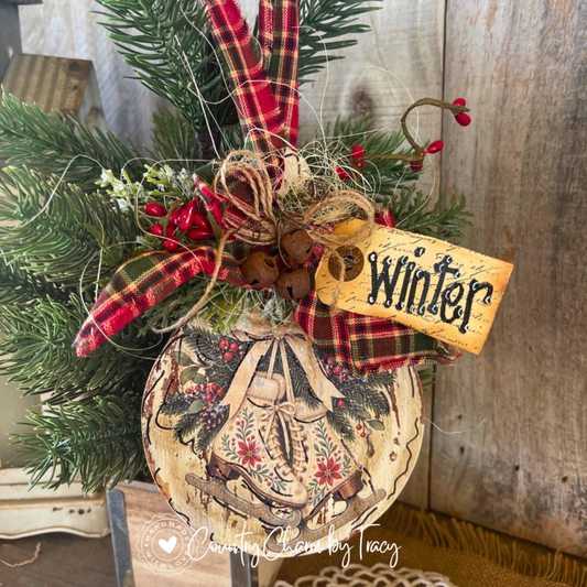 Vintage Folk Art Ice Skates Rustic Winter Wood Ornament Shipping Included!!