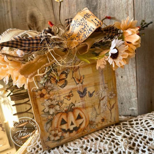 Blessings Bloom in Every Season 5x5 Wood Block Decor - Primitive Fall Shelf Sitter