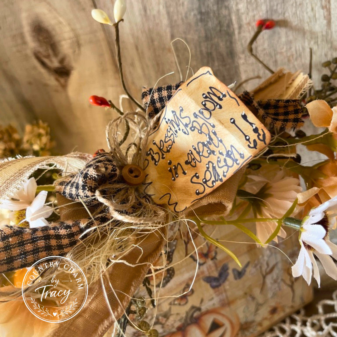 Blessings Bloom in Every Season 5x5 Wood Block Decor - Primitive Fall Shelf Sitter