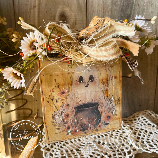Brewing with Country Charm 5x5 Wood Block Decor - Primitive Halloween Shelf Sitter