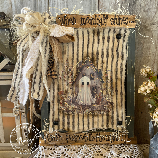 When Moonlight Shines Ghost House Framed Shelf Sitter - Primitive Halloween Decor