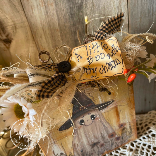 A Little Boo with Country Charm 5x5 Wood Block Decor - Primitive Halloween Shelf Sitter