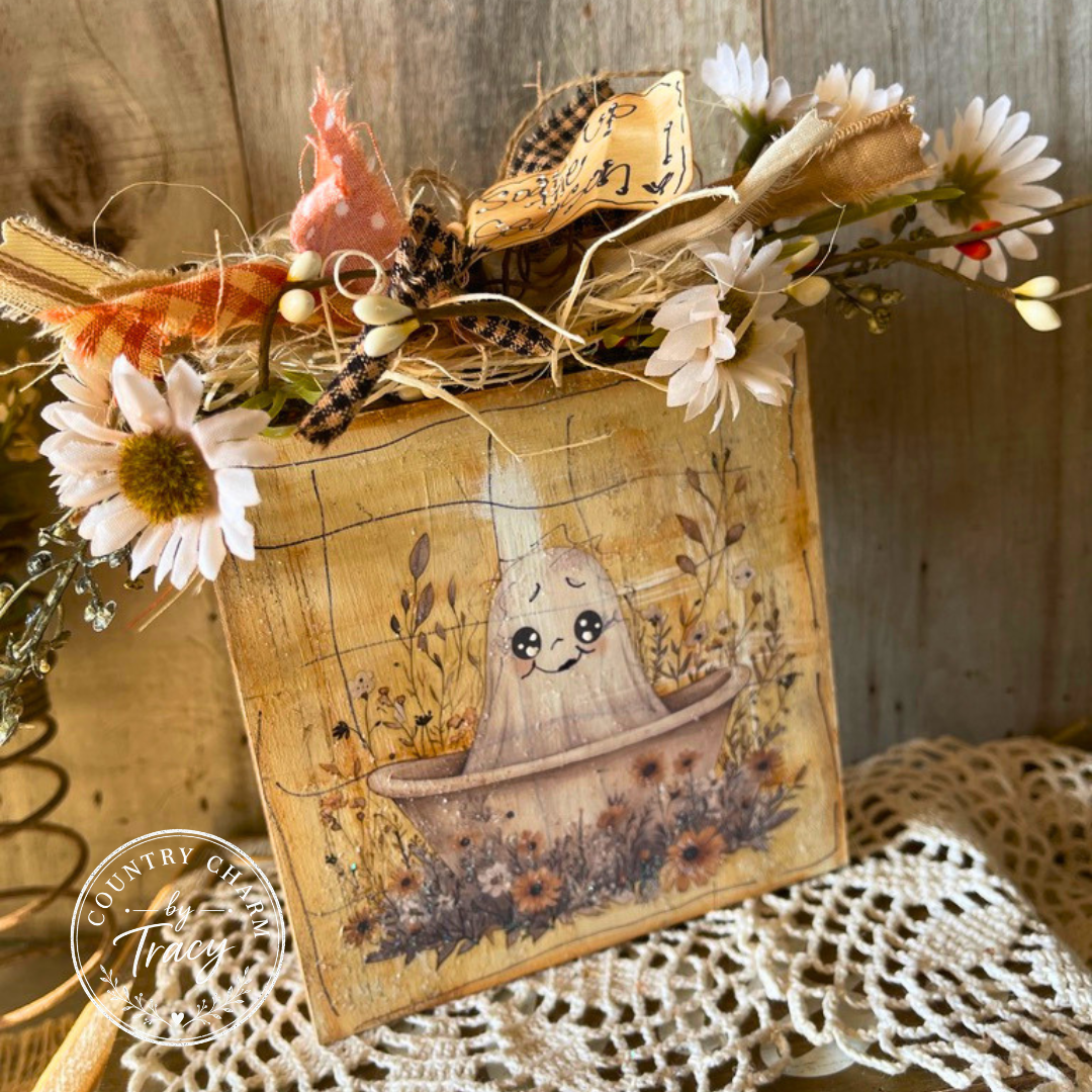 Soak Up the Season 5x5 Wood Block Decor - Primitive Halloween Shelf Sitter