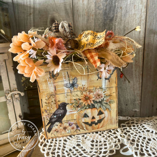 Feathered Friends and Fall Blessings 5x5 Wood Block Decor - Primitive Halloween Shelf Sitter