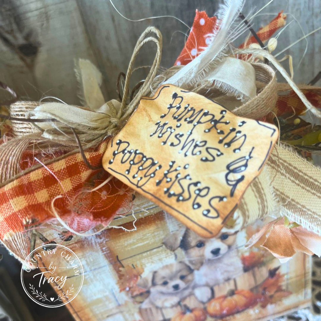 Pumpkin Wishes and Puppy Kisses 5x5 Wood Block Decor - Primitive Fall Shelf Sitter