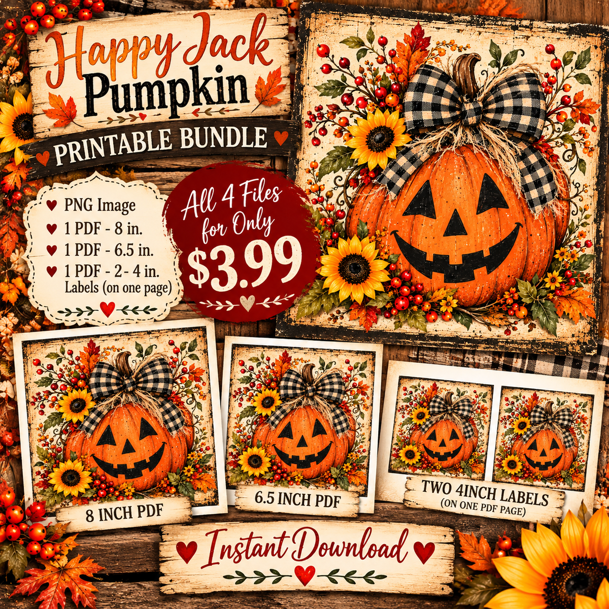 Happy Jack Pumpkin with Buffalo Check Bow – Printable Bundle | 4 Digital Files | Instant Download