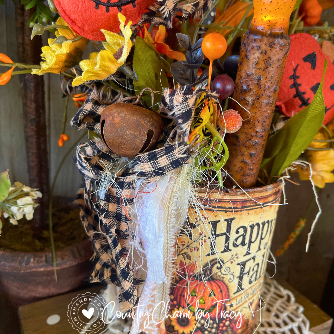 Happy Fall 3 Pumpkins Tin Can Decor – 4" with Primitive Candle