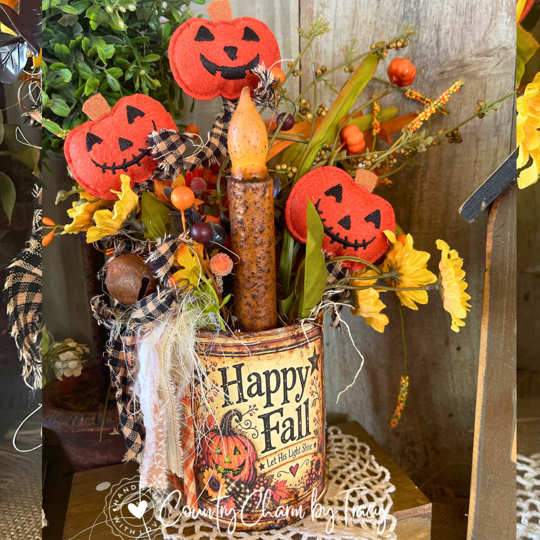 Happy Fall 3 Pumpkins Tin Can Decor – 4" with Primitive Candle