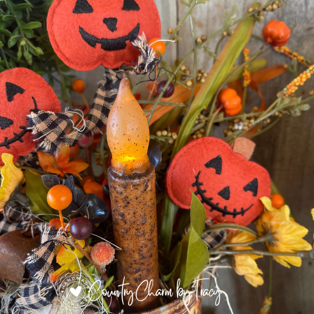 Happy Fall 3 Pumpkins Tin Can Decor – 4" with Primitive Candle