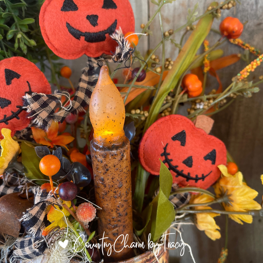 Happy Fall 3 Pumpkins Tin Can Decor – 4" with Primitive Candle