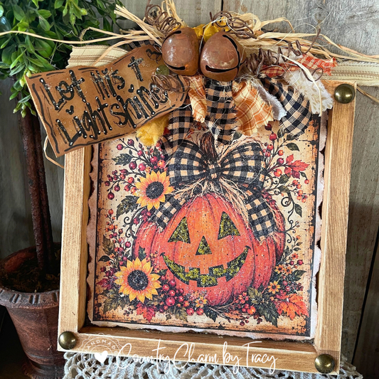 Happy Jack wood canvas 8x8 shelf sitter with smiling pumpkin and fall embellishments