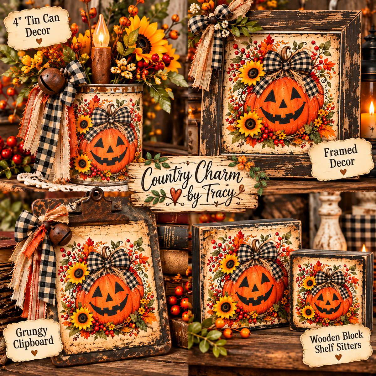 Happy Jack Pumpkin with Buffalo Check Bow – Printable Bundle | 4 Digital Files | Instant Download