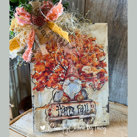 Rustic Autumn Gnome with Truck – Handcrafted Whimsical Fall Shelf Sitter, 5×7 Wood Decor, Cozy Seasonal Accent