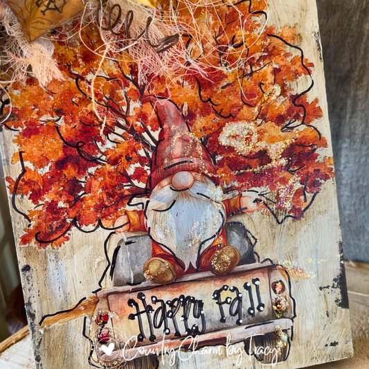 Rustic Autumn Gnome with Truck – Handcrafted Whimsical Fall Shelf Sitter, 5×7 Wood Decor, Cozy Seasonal Accent