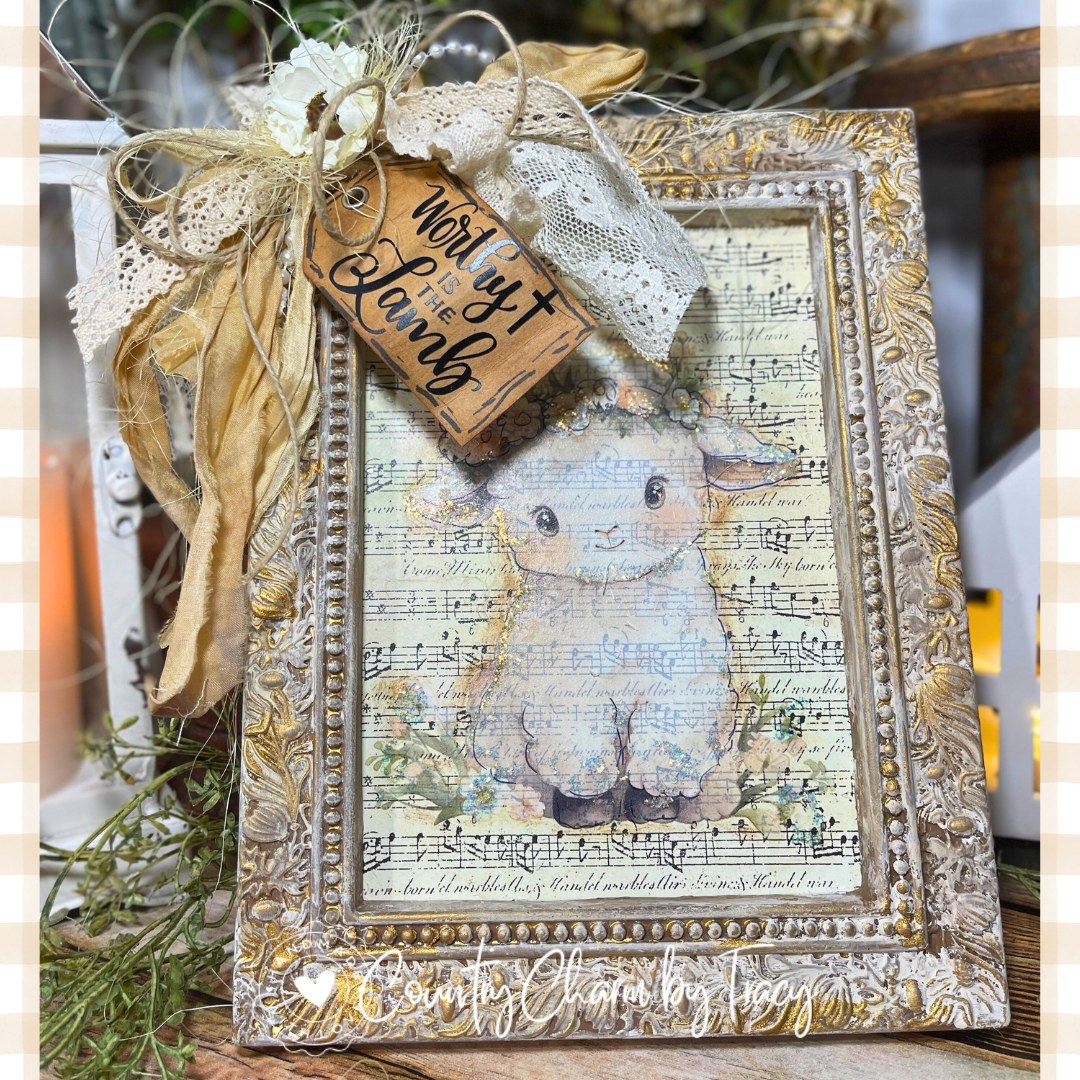 Handpainted 5x7 Frame with Sweet Lamb, Cross Tag & Rustic Bow | Shipping Included