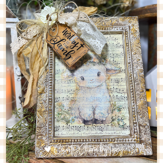 Handpainted 5x7 Frame with Sweet Lamb, Cross Tag & Rustic Bow | Shipping Included