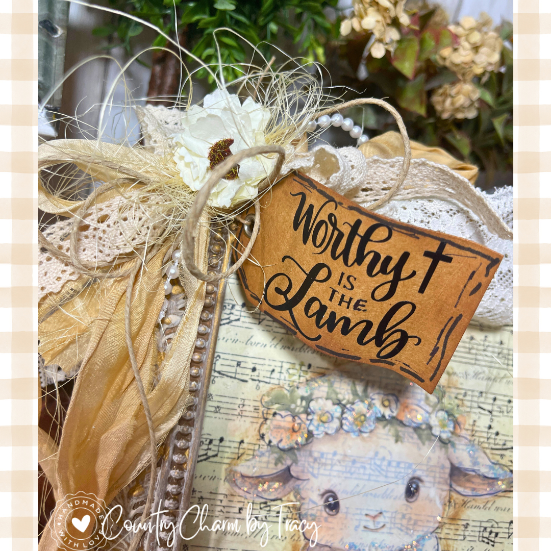 Handpainted 5x7 Frame with Sweet Lamb, Cross Tag & Rustic Bow | Shipping Included