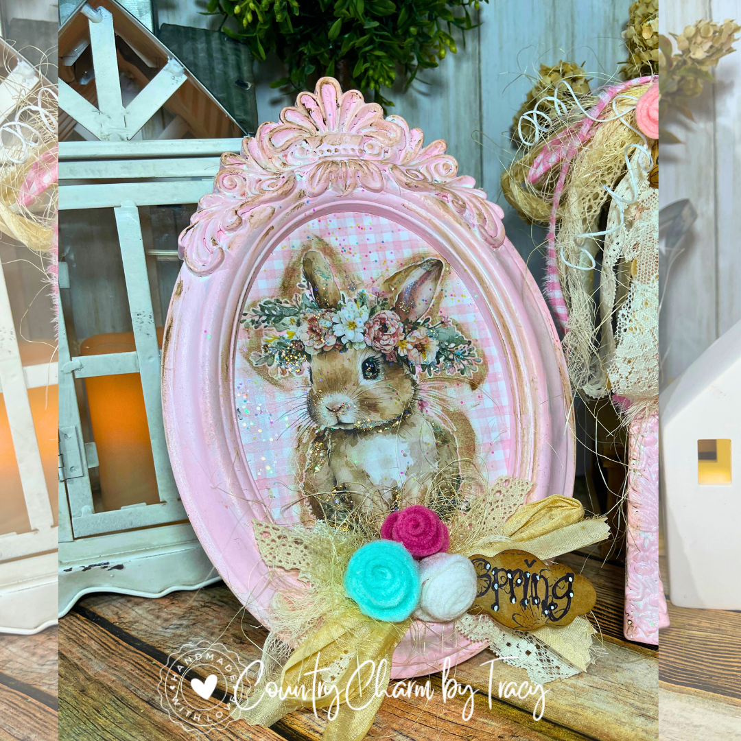 Vintage Bunny Art – 5x7 Oval Frame (Blush Pink)