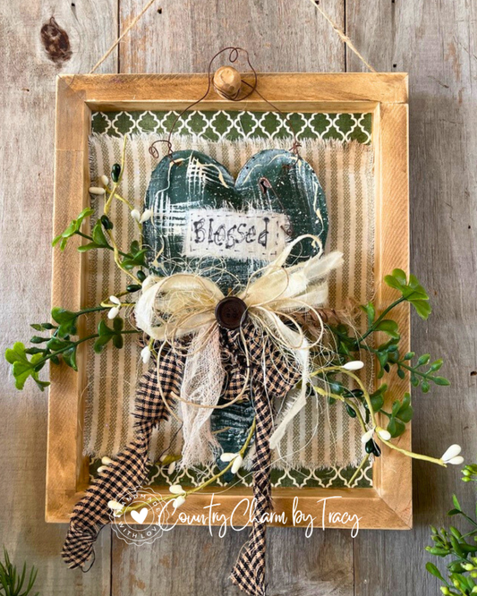 Primitive Country Vintage Green Heart Shadow Box Decor