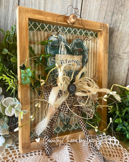 Primitive Country Vintage Green Heart Shadow Box Decor