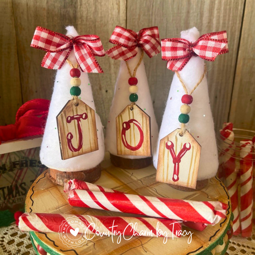 JOY Christmas Tree Display Set | Farm Fresh Trees Sign, Candy Stick Jar and Wooden Stand