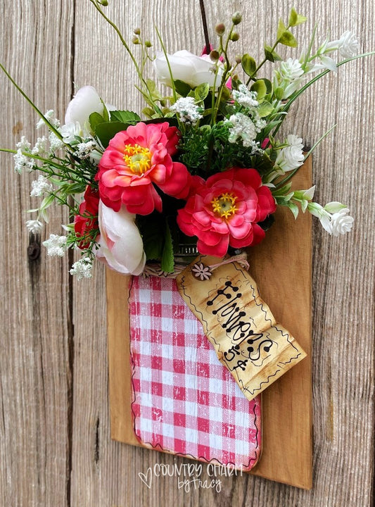🌺 Pink & White Mason Jar Floral Slatted Fence Hanging Sign – FREE SHIPPING