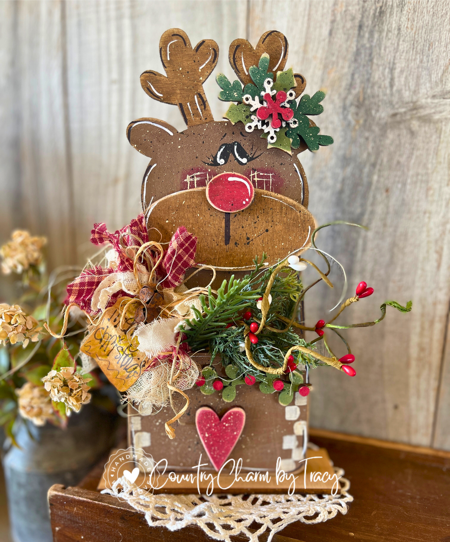 Hand Painted Prim Reindeer Pocket Shelf Sitter | Rustic Primitive Christmas Décor by Tracy