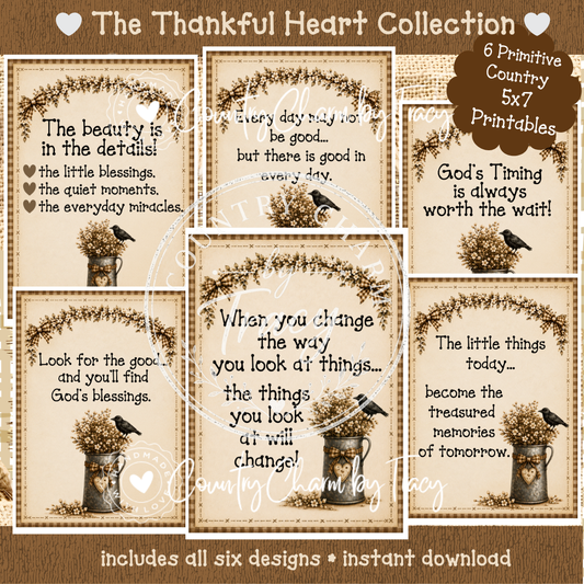The Thankful Heart Collection - Six Primitive Country 5x7 Digital Printables