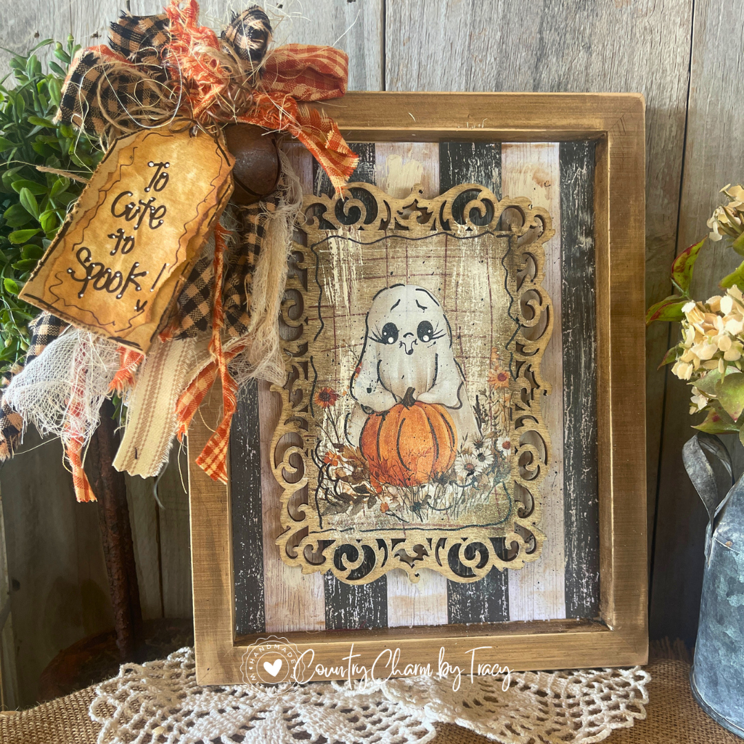 Whimsical Ghost with Pumpkin Wood Canvas Decor - Too Cute to Spook Tag!