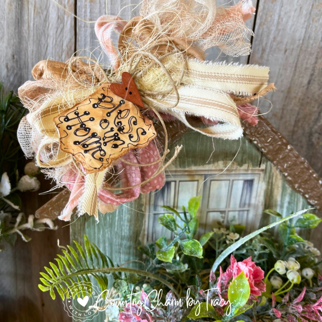 Bless Our Home Whimsical House Shelf Sitter | Rustic Farmhouse Spring Decor | Handmade Floral House | FREE Shipping