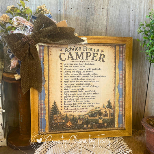 Advice from a Camper - Rustic Wood Frame Decor 12x12 | Handcrafted Primitive Farmhouse Camping Decor