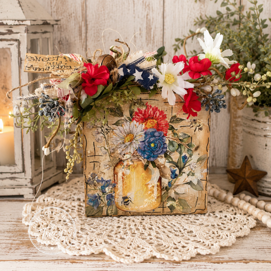 Sweet Honey and Amazing Grace - 5x5 Americana Honey Jar Blooms Block Decor