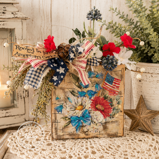 Rooted in Faith and American Grace - 5x5 Americana Floral Block Decor