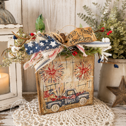 Patriotic Vintage Truck with Fireworks - 5x5 Americana Block Decor