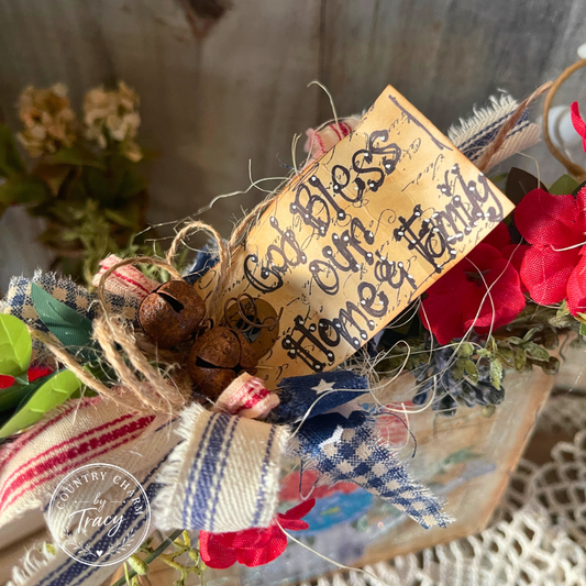 God Bless Our Home and Family - 5x5 Americana Watering Can Blooms Block Decor