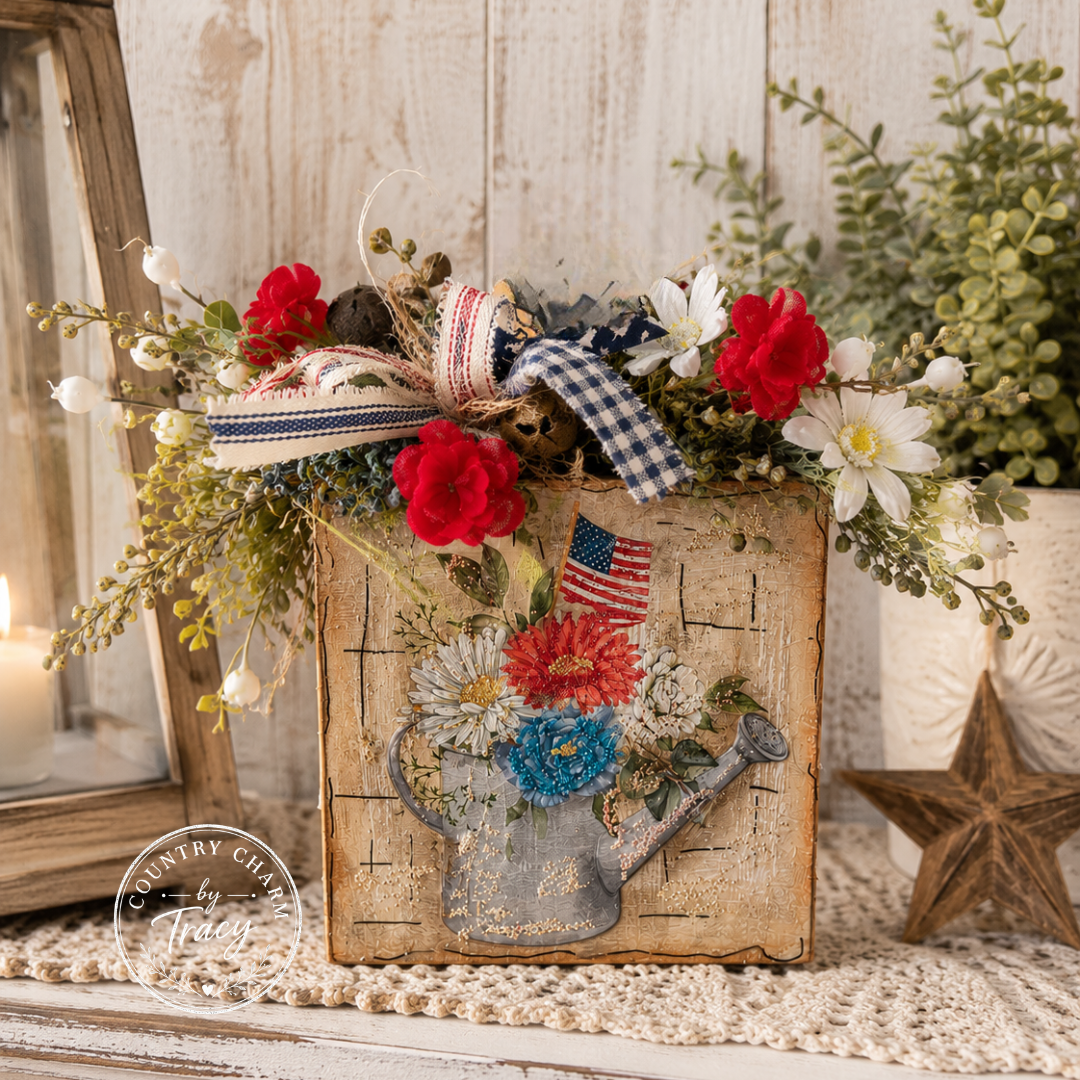 God Bless Our Home and Family - 5x5 Americana Watering Can Blooms Block Decor