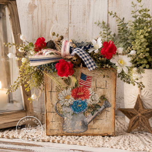 God Bless Our Home and Family - 5x5 Americana Watering Can Blooms Block Decor