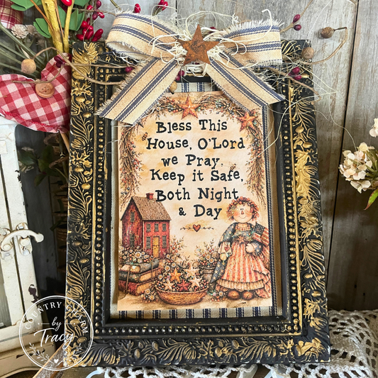 Bless This House America Annie - 5x7 Framed Primitive Art Decor - Handcrafted Shelf Sitter