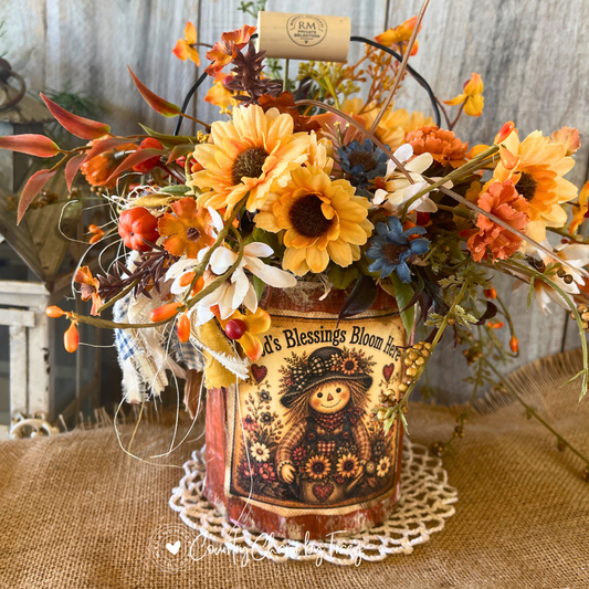 Autumn Blessings Tin Can Decor with Faux Candle | God's Blessings Bloom Here | Handcrafted Primitive Farmhouse Fall Decor