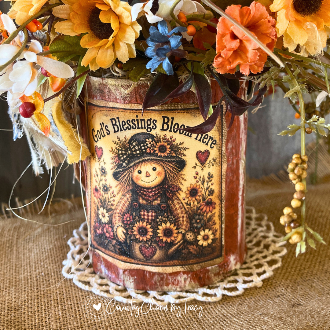 Autumn Blessings Tin Can Decor with Faux Candle | God's Blessings Bloom Here | Handcrafted Primitive Farmhouse Fall Decor